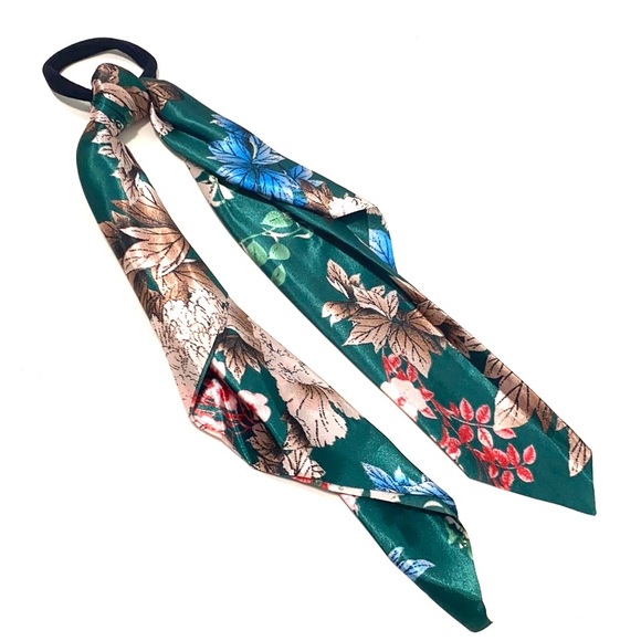Green Floral Hair Scarf Ponytail Holder - Picture 1 of 5